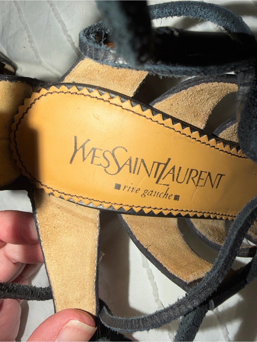 Yves Saint Laurent Black Suede Strappy Sandals with Tan Insole